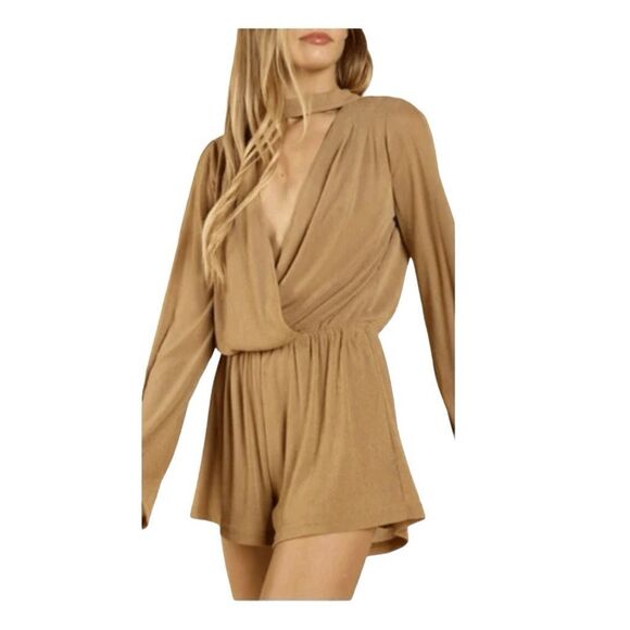 Honey Belle Metallic Romper Gold Knit Choker Keyhole Long Sleeve Wrap S - Picture 1 of 8